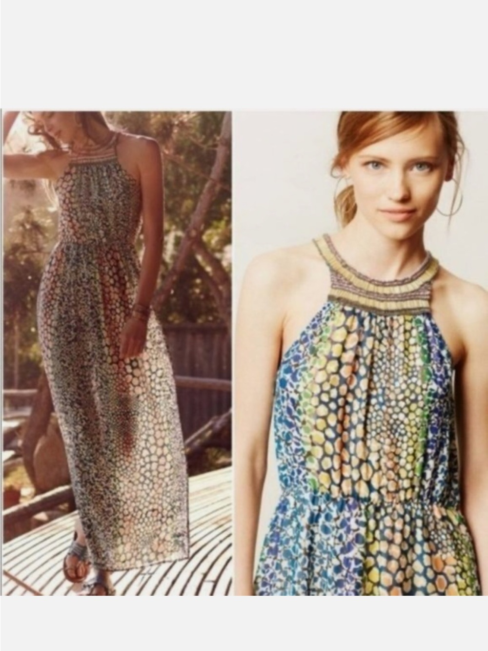 Anthropologie HD in Paris Gridwork Halter Maxi Dress 10 Beaded Embellished Neck
